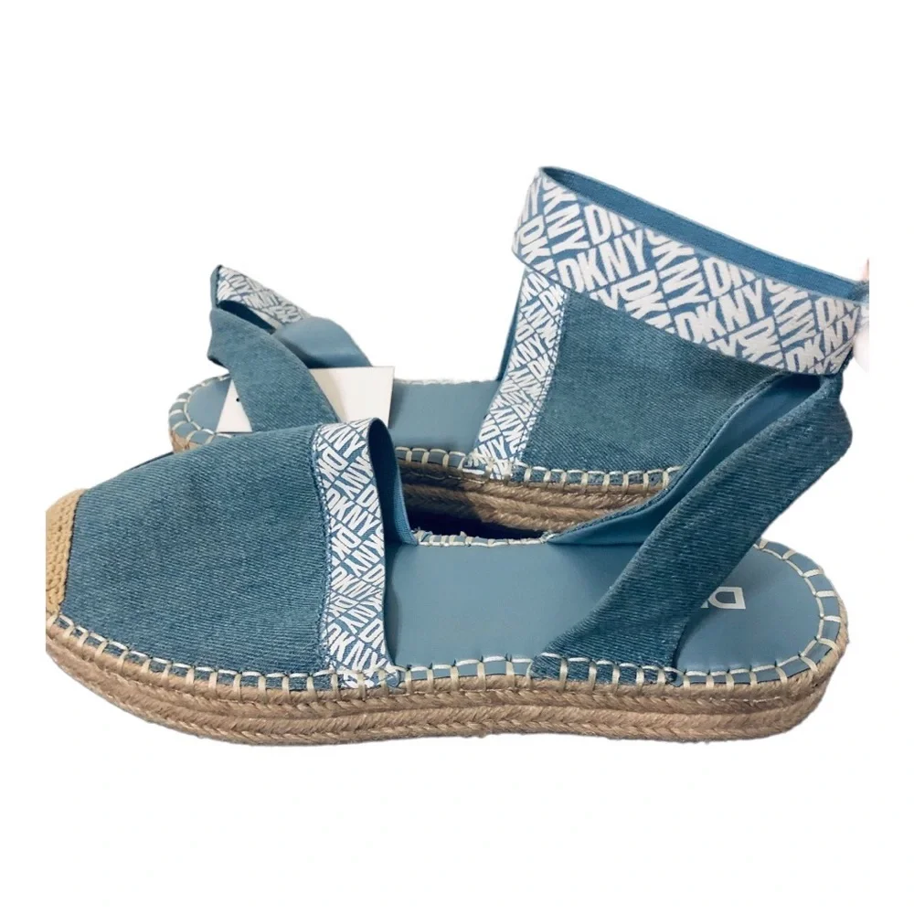 DKNY Melanie Blue chambray anklestrap cap toe platform espadrilles shoes size 10